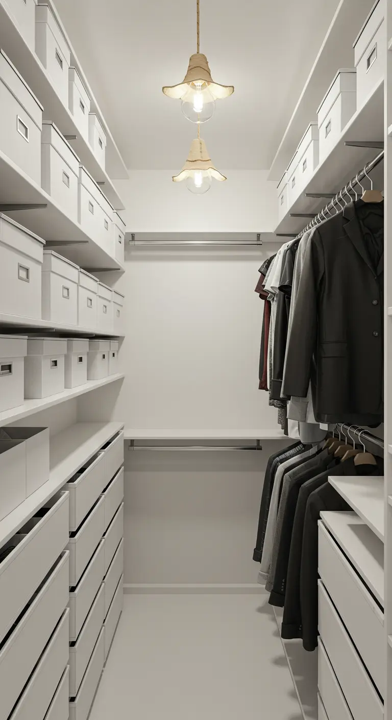 Dressing en couloir étroit et blanc avec des rangements uniformes et deux niveaux de tringles.