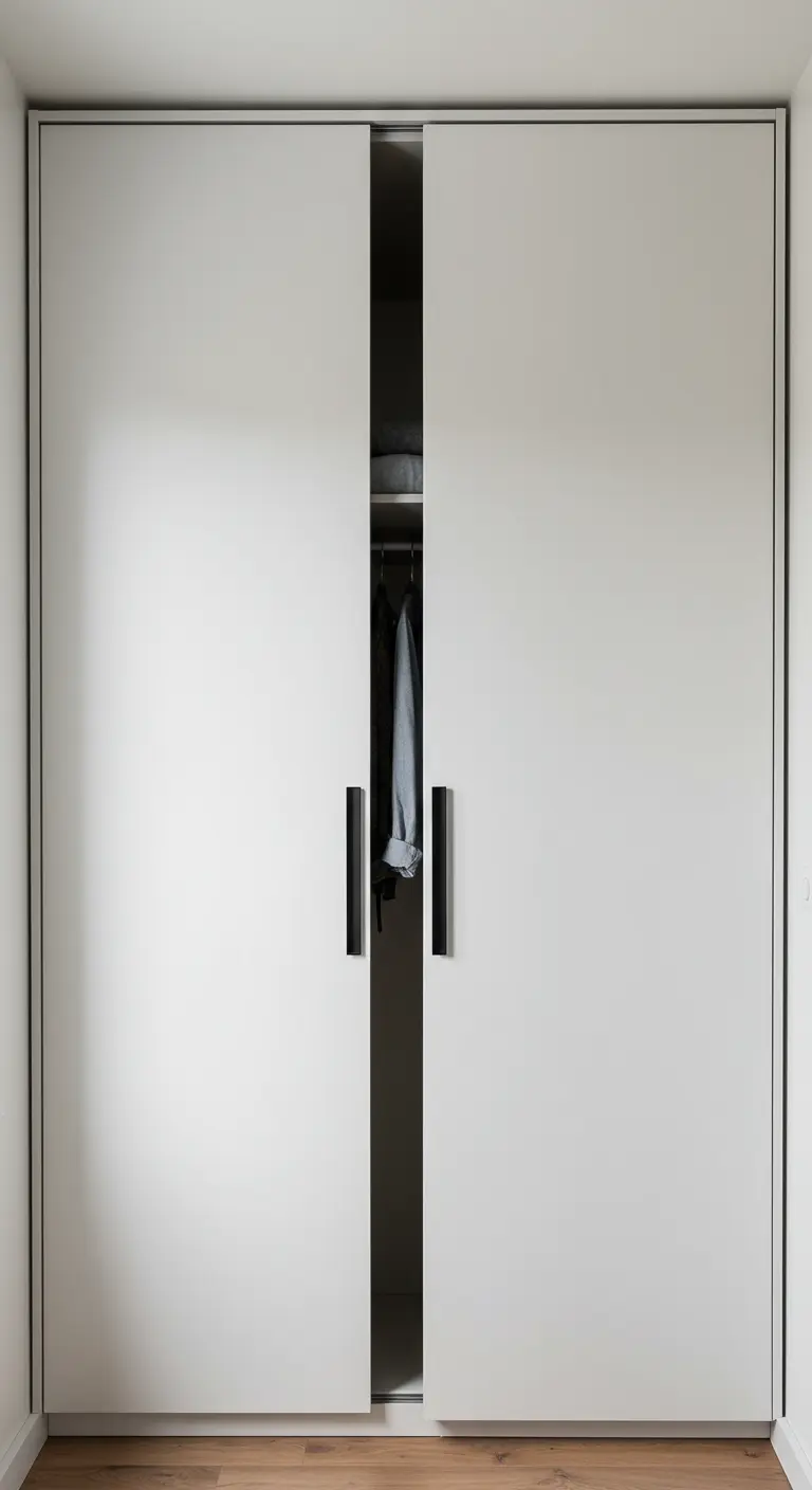 Portes de dressing blanches minimalistes avec de longues poignées noires verticales.