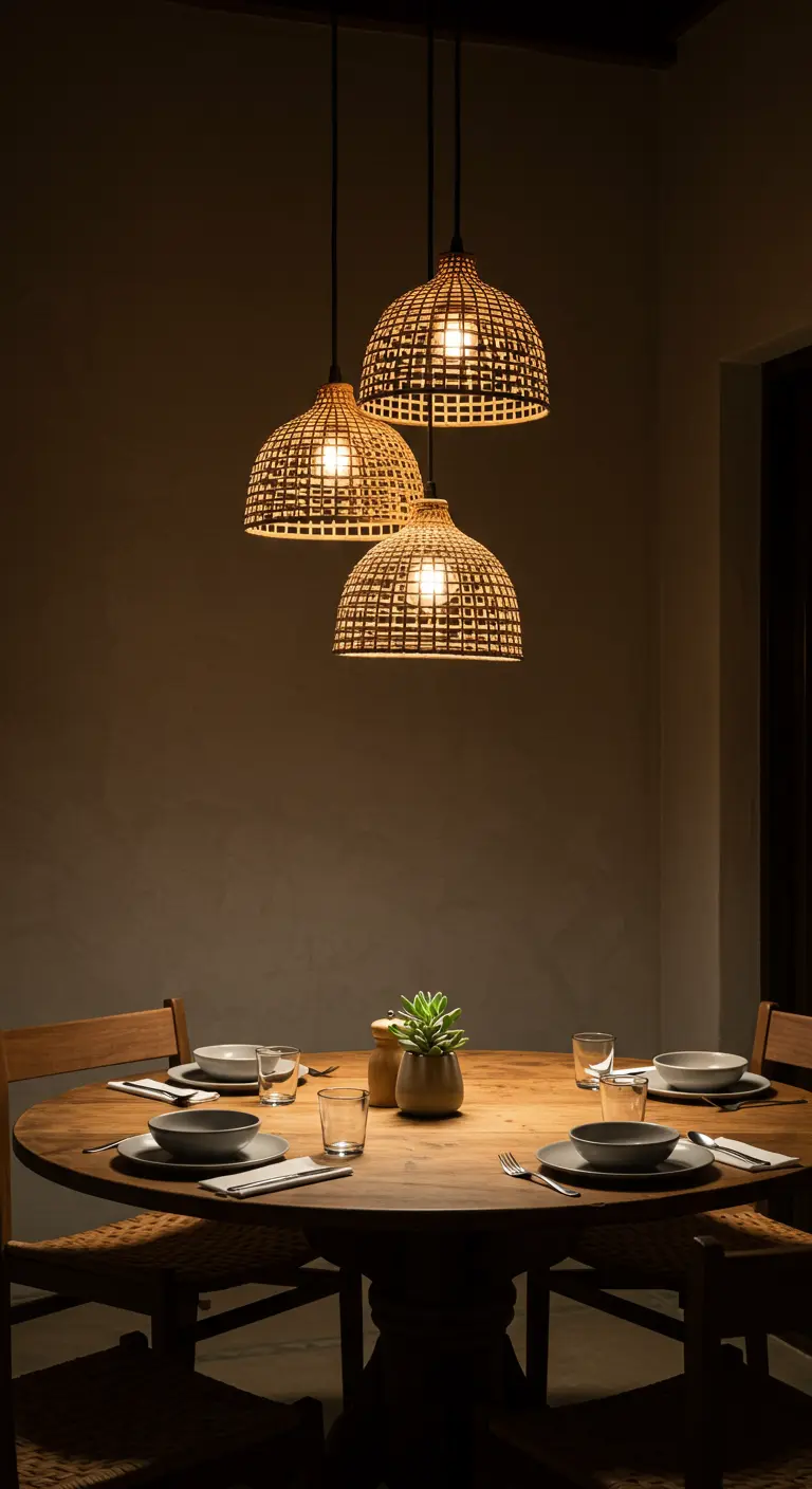 Une table à manger ronde en bois éclairée par trois suspensions en rotin tressé.