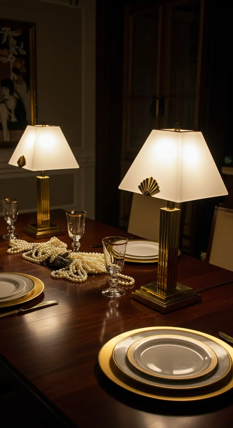 Table de dîner élégante éclairée par deux lampes de table Art Déco et décorée de perles.