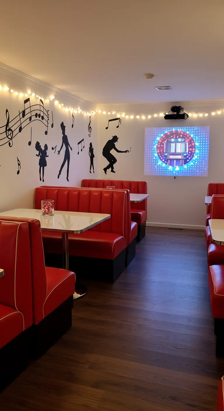 Pièce avec banquettes rouges, stickers muraux musicaux et guirlande lumineuse.