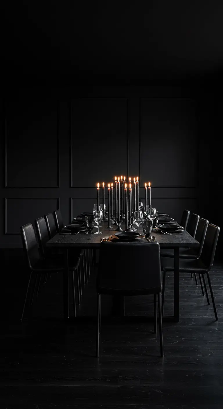 Table de dîner entièrement noire dans une pièce sombre, éclairée par de nombreuses bougies.