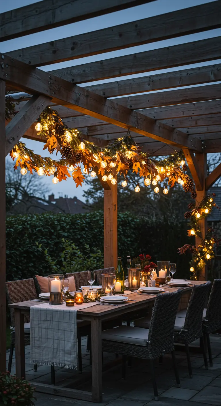 Table dressée pour un dîner sous une pergola décorée de guirlandes lumineuses.