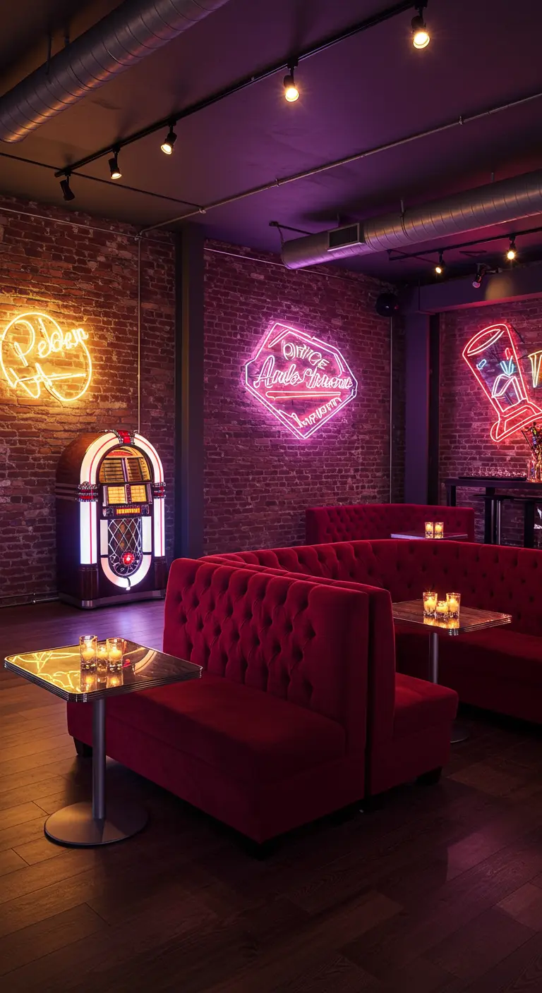 Lounge avec des banquettes en velours rouge, murs de briques et néons design.