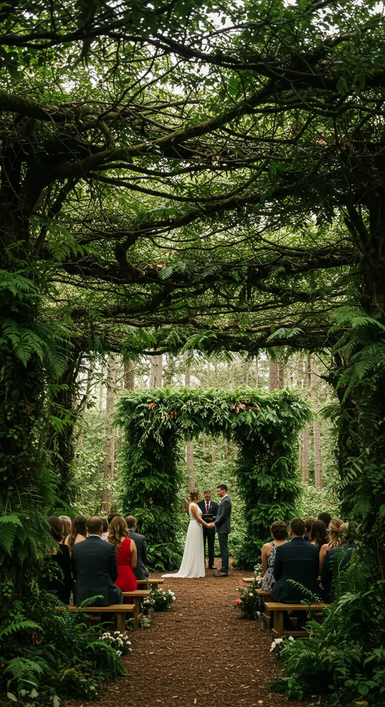 Couple se mariant sous une arche de fougères, elle-même sous une canopée d'arbres.