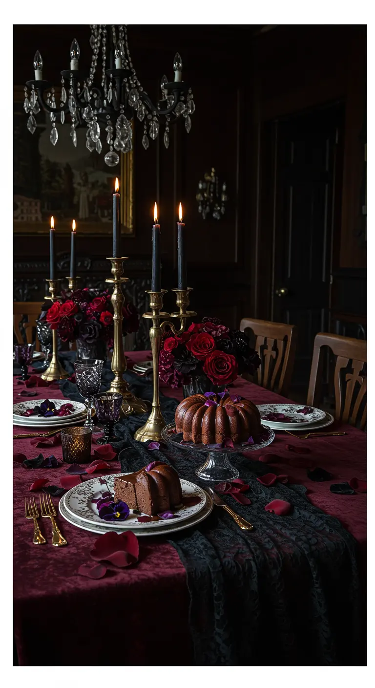 Table de brunch gothique avec des roses rouges, des bougies noires et des pétales.