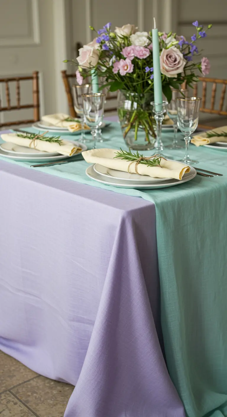 Table de fête avec une nappe bicolore lavande et vert d'eau drapée élégamment jusqu'au sol.