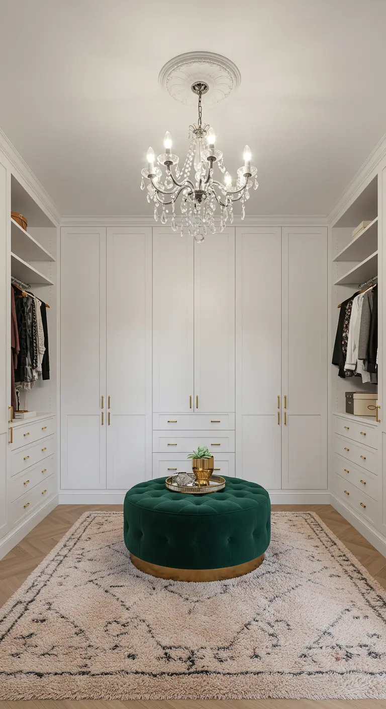 Dressing blanc avec lustre en cristal et grand pouf en velours vert émeraude.