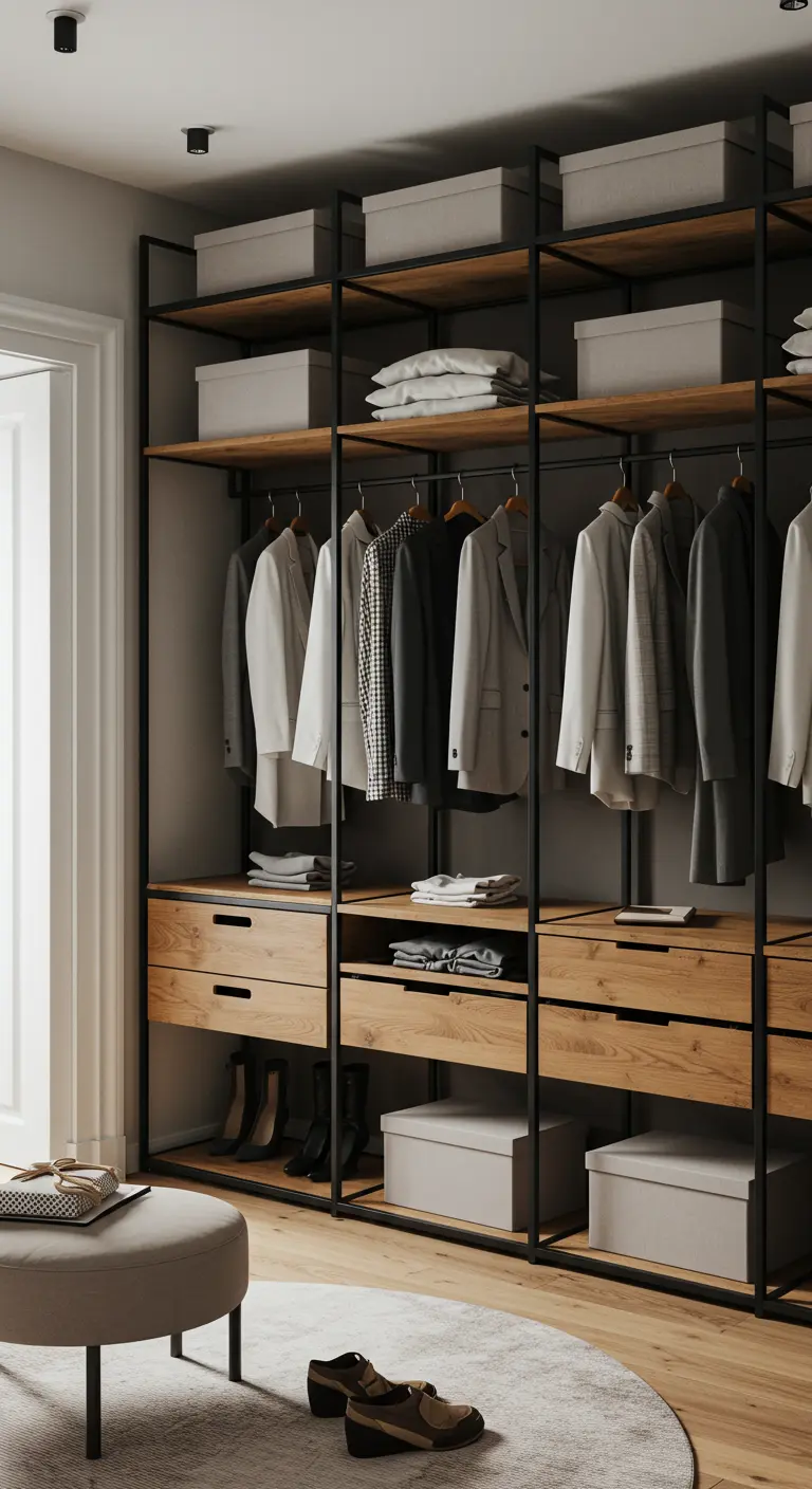 Dressing ouvert de style industriel avec structure en métal noir et étagères en bois.