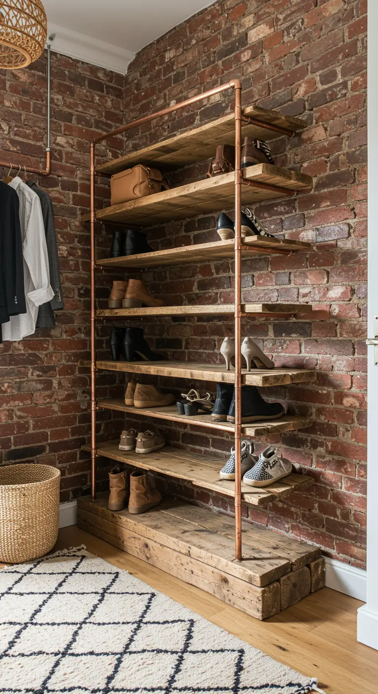 Étagères de style industriel avec tuyaux en cuivre et bois sur un mur de briques.