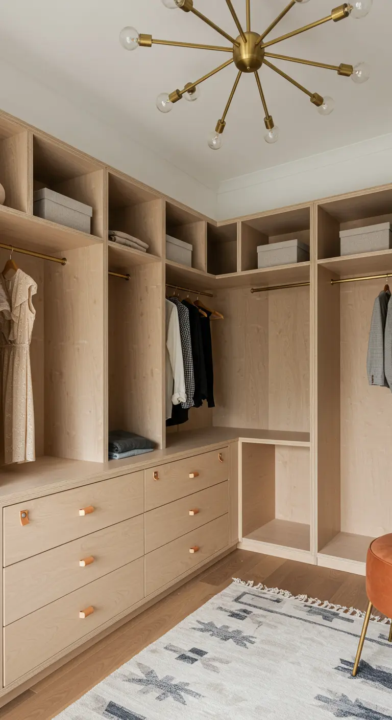Dressing sur mesure en bois clair avec des poignées de tiroir en cuir.