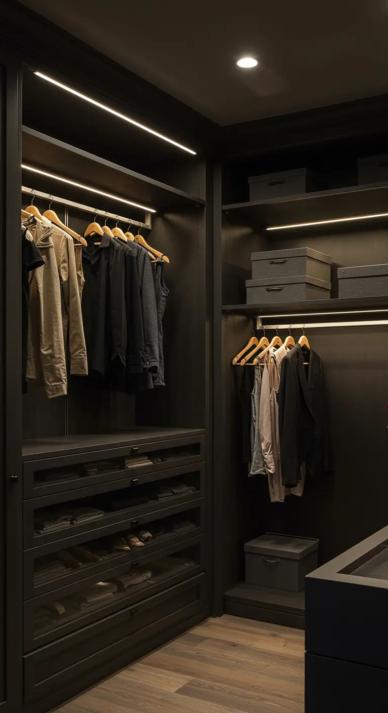 Dressing moderne entièrement noir avec un éclairage LED chaleureux mettant en valeur les vêtements.