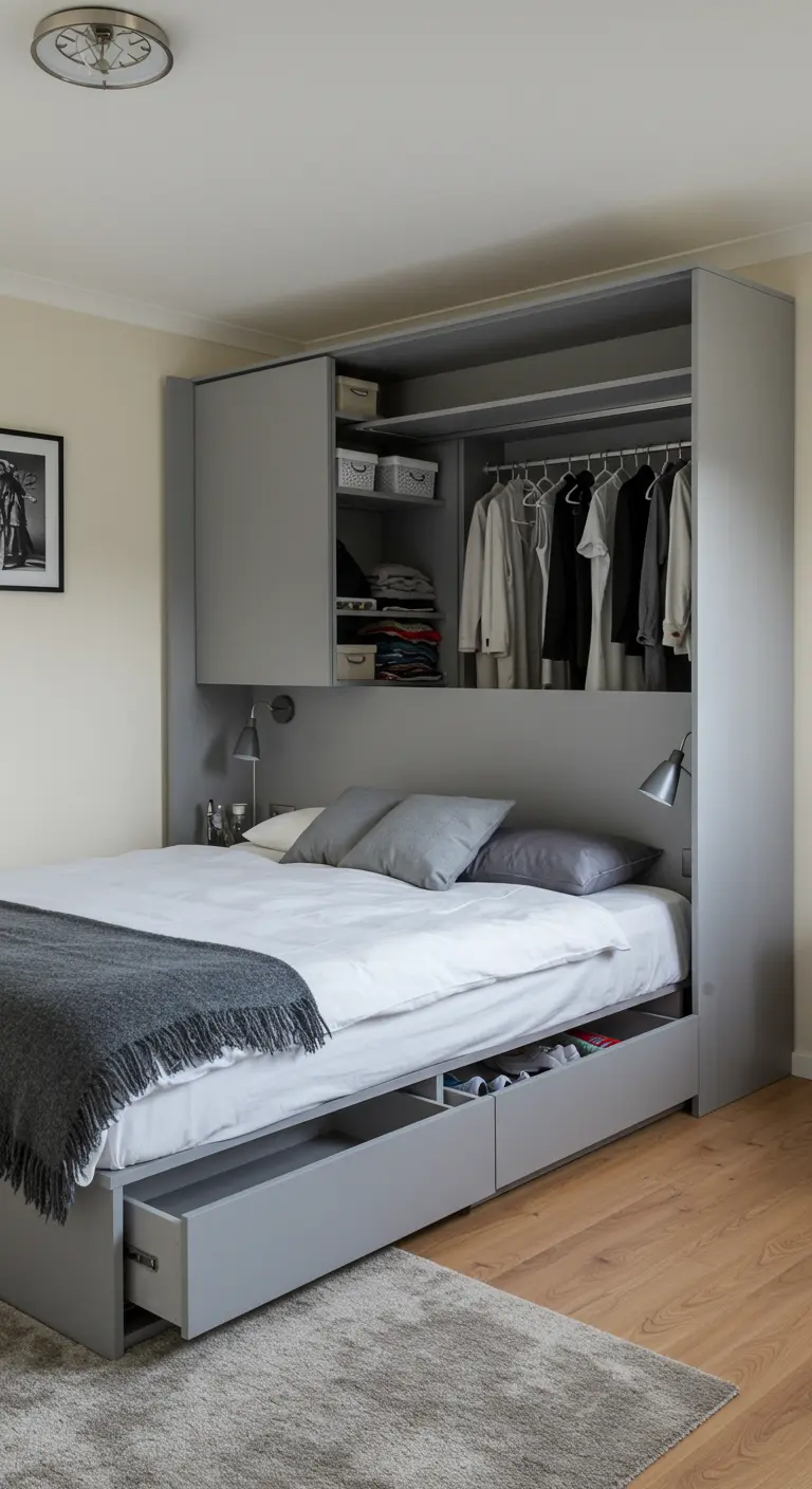 Chambre avec une structure de lit-pont grise intégrant placards, étagères et tiroirs autour du lit.