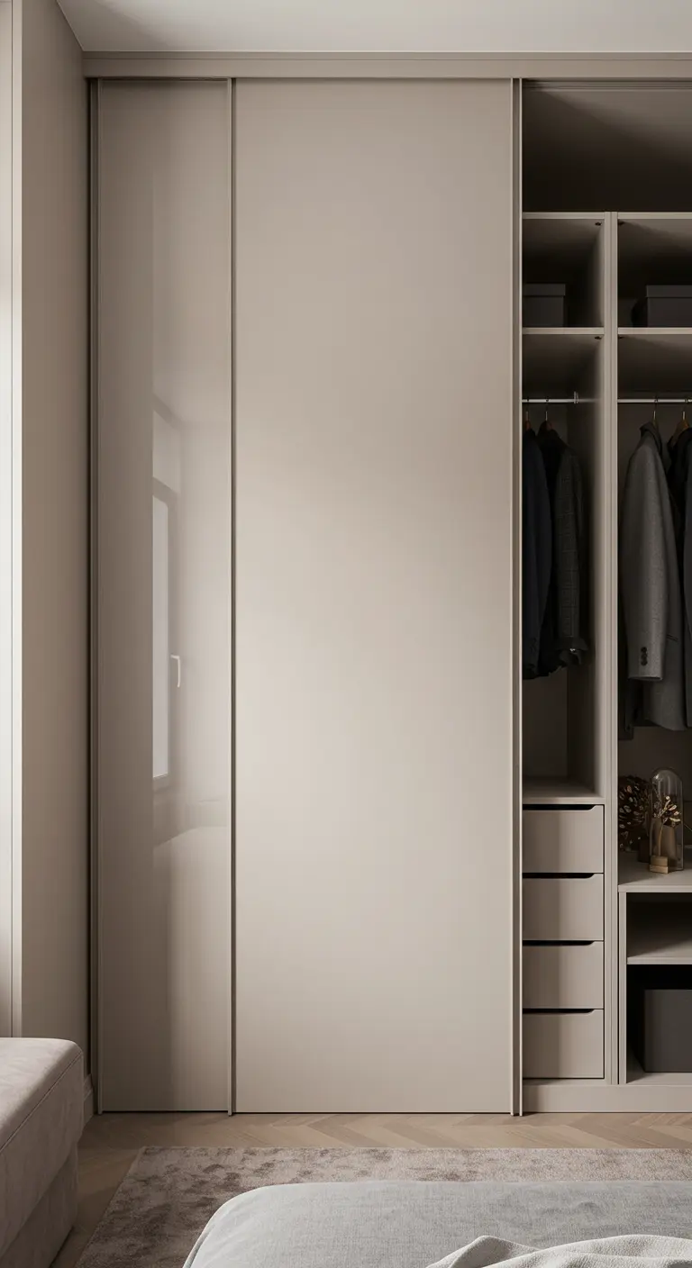 Dressing avec une porte coulissante laquée brillante et une porte mate.