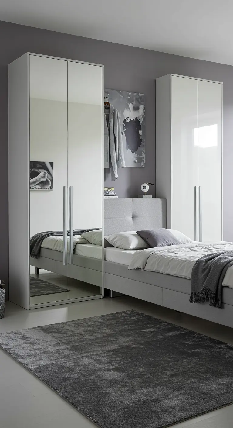 Deux armoires avec portes en miroir encadrant un lit dans une chambre grise.