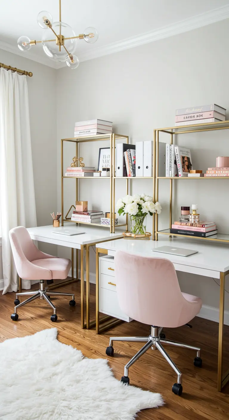 Bureau partagé chic avec des étagères dorées, des chaises en velours rose et un tapis en fausse fourrure.