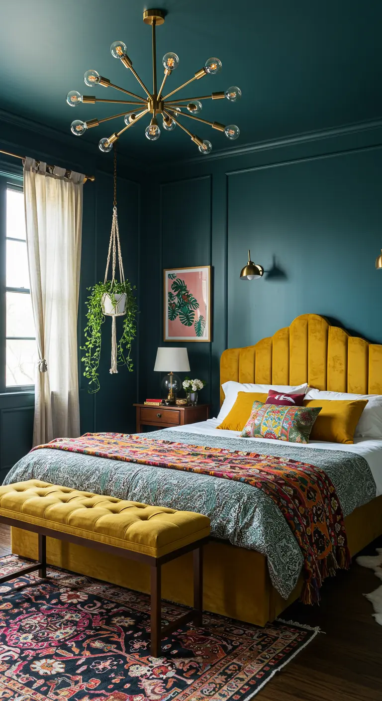 Chambre avec murs bleu pétrole, lit en velours moutarde et lustre Sputnik en laiton.