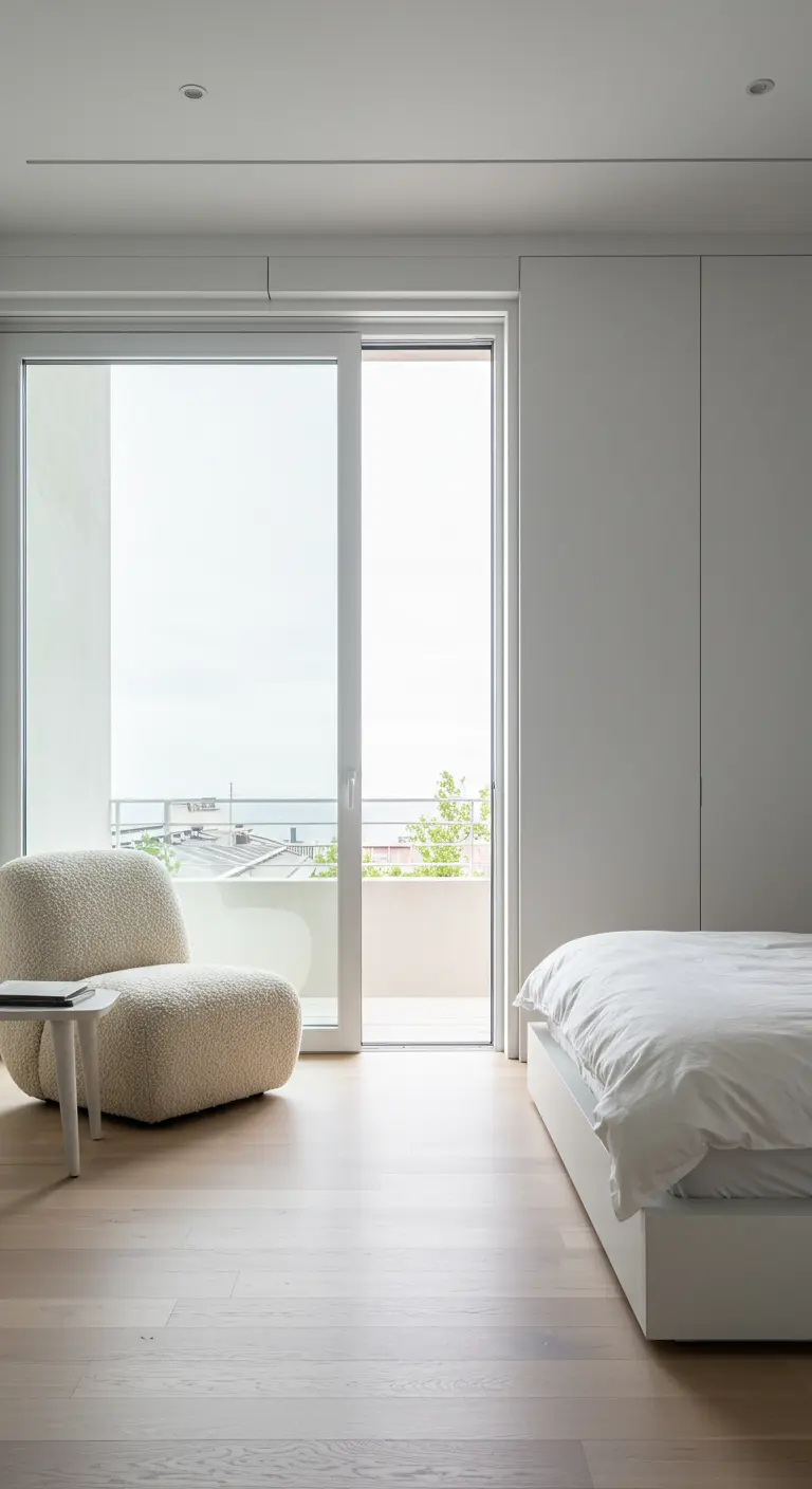 Chambre blanche et épurée avec un fauteuil bouclé confortable près de la fenêtre.