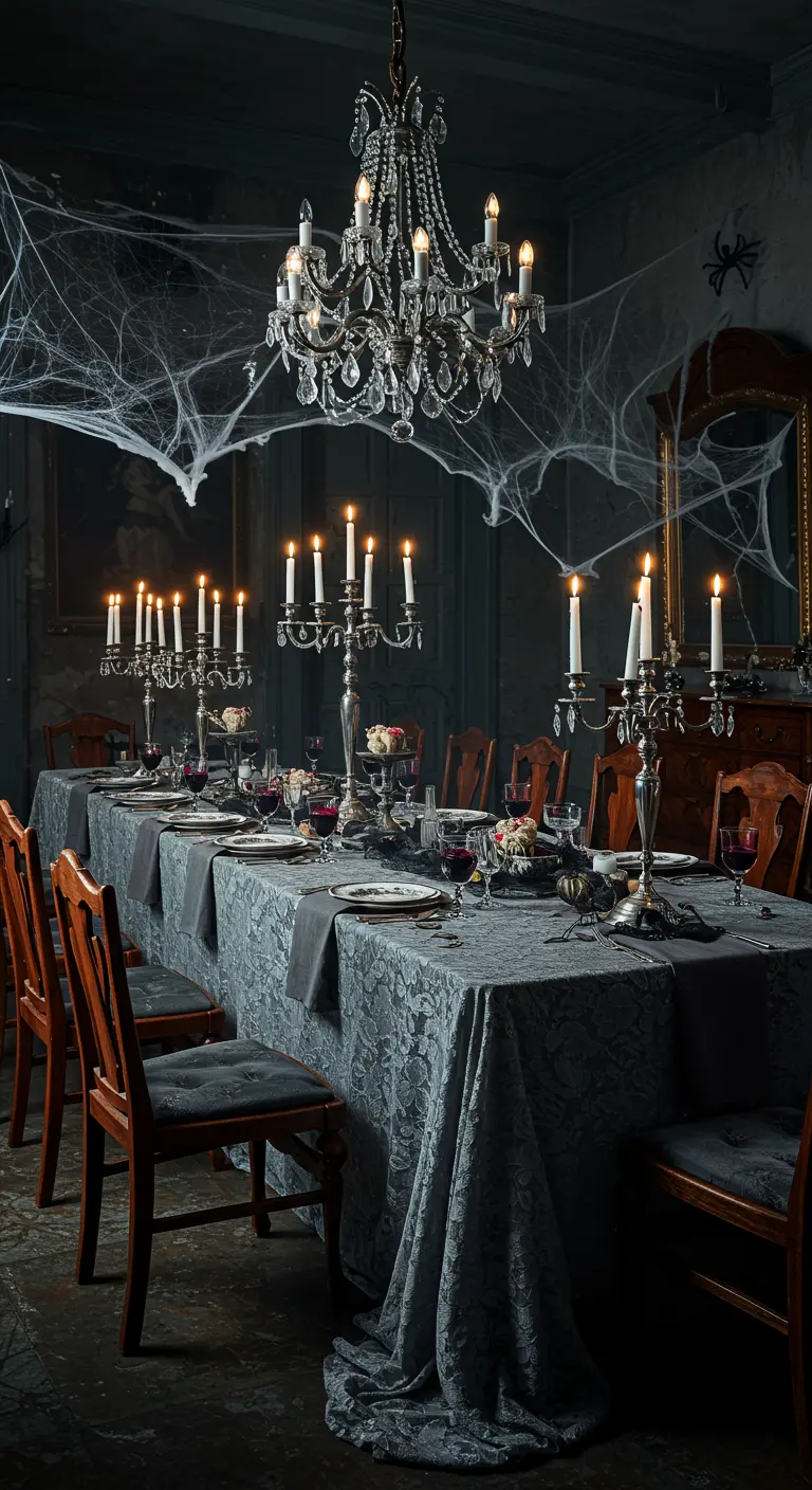 Table de banquet dans un style manoir hanté avec de grands chandeliers.