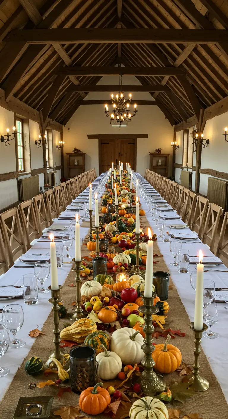 Très longue table de banquet avec un chemin de table rempli de courges et de bougies.