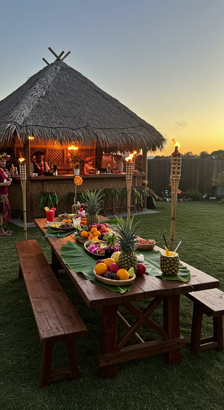 Table de fête hawaïenne en plein air avec un bar tiki au crépuscule.