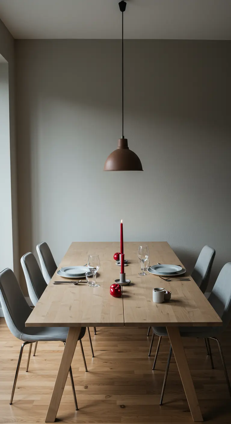 Table en bois minimaliste avec une bougie rouge et deux pommes rouges.