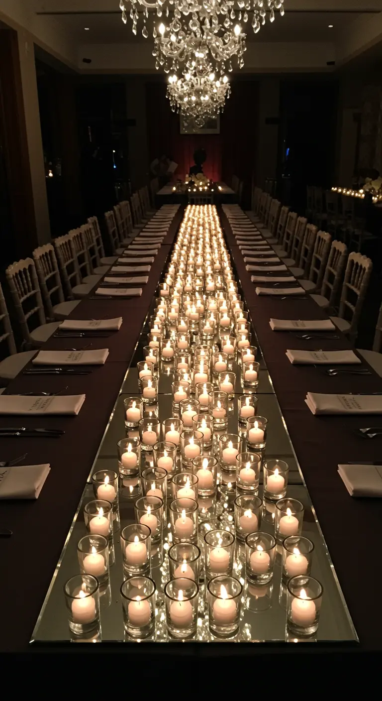 Longue table avec un chemin de table miroir reflétant des centaines de bougies dans des photophores.