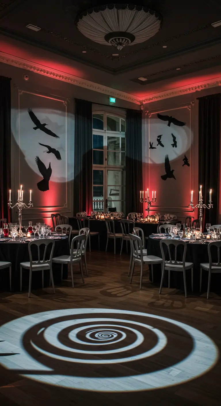 Salle de dîner thème Hitchcock avec des ombres d'oiseaux projetées.