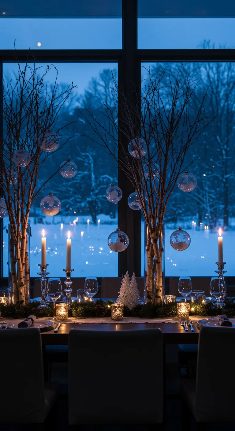 Table d'hiver avec branches de bouleau décorées de boules de verre, devant une fenêtre enneigée.
