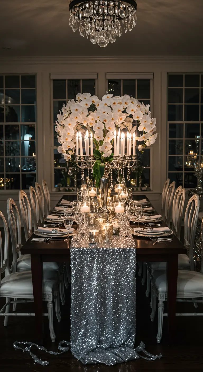 Table de réveillon avec chemin de table à sequins argentés et bouquet d'orchidées blanches.