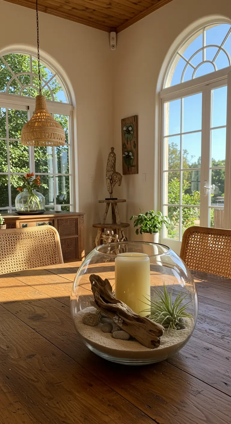Terrarium en verre avec sable, bois flotté, bougie et plante aérienne sur une table en bois.