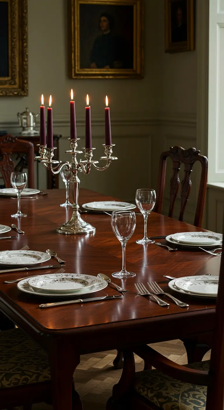 Table de salle à manger classique avec un grand candélabre en argent et des bougies bordeaux.