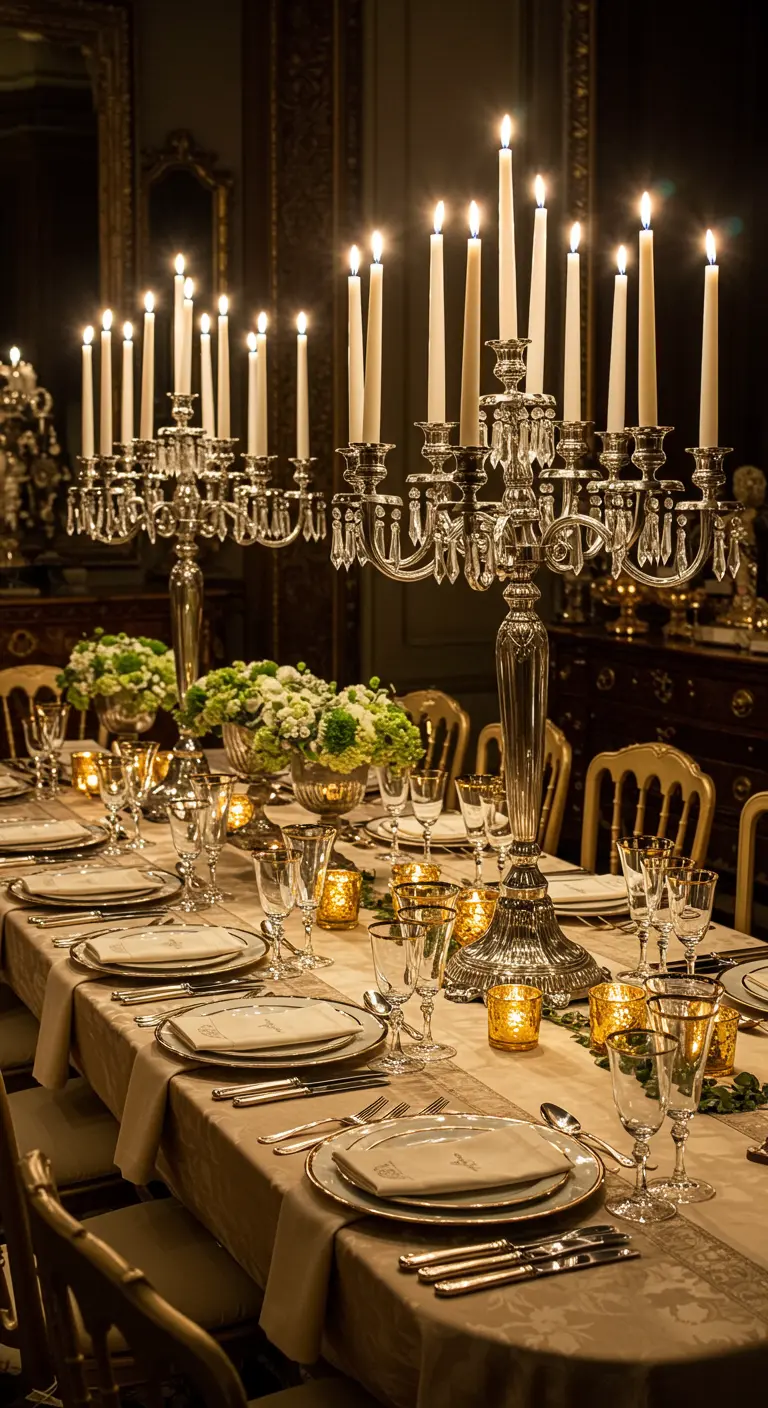Table de banquet opulente avec de grands candélabres en argent et une vaisselle luxueuse.