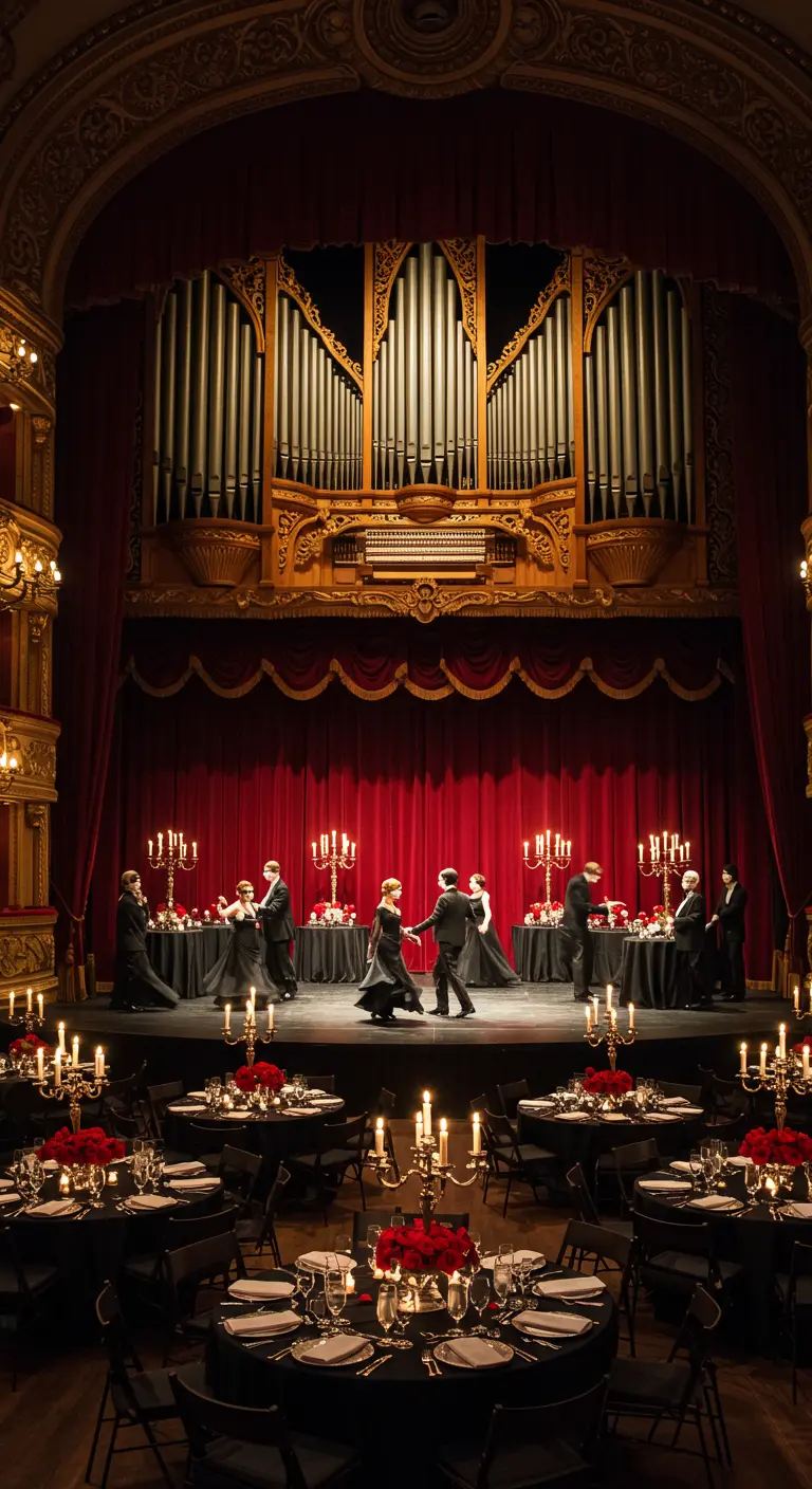 Scène de théâtre avec des rideaux de velours rouge et des tables de réception devant.