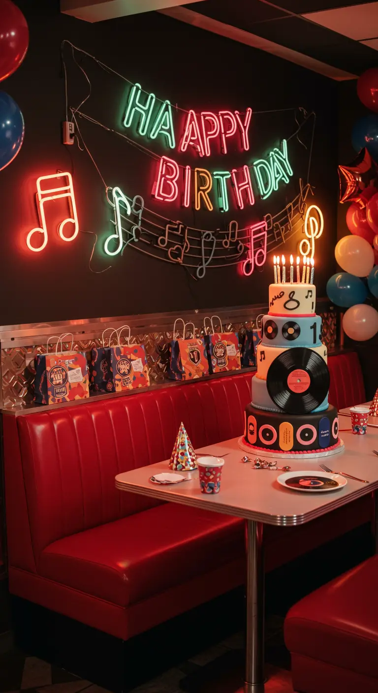 Décor d'anniversaire avec un gâteau à thème et un néon 