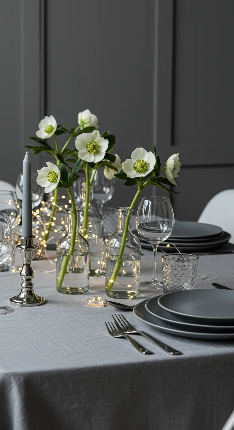 Centre de table avec des hellébores dans des soliflores et des lumières LED.
