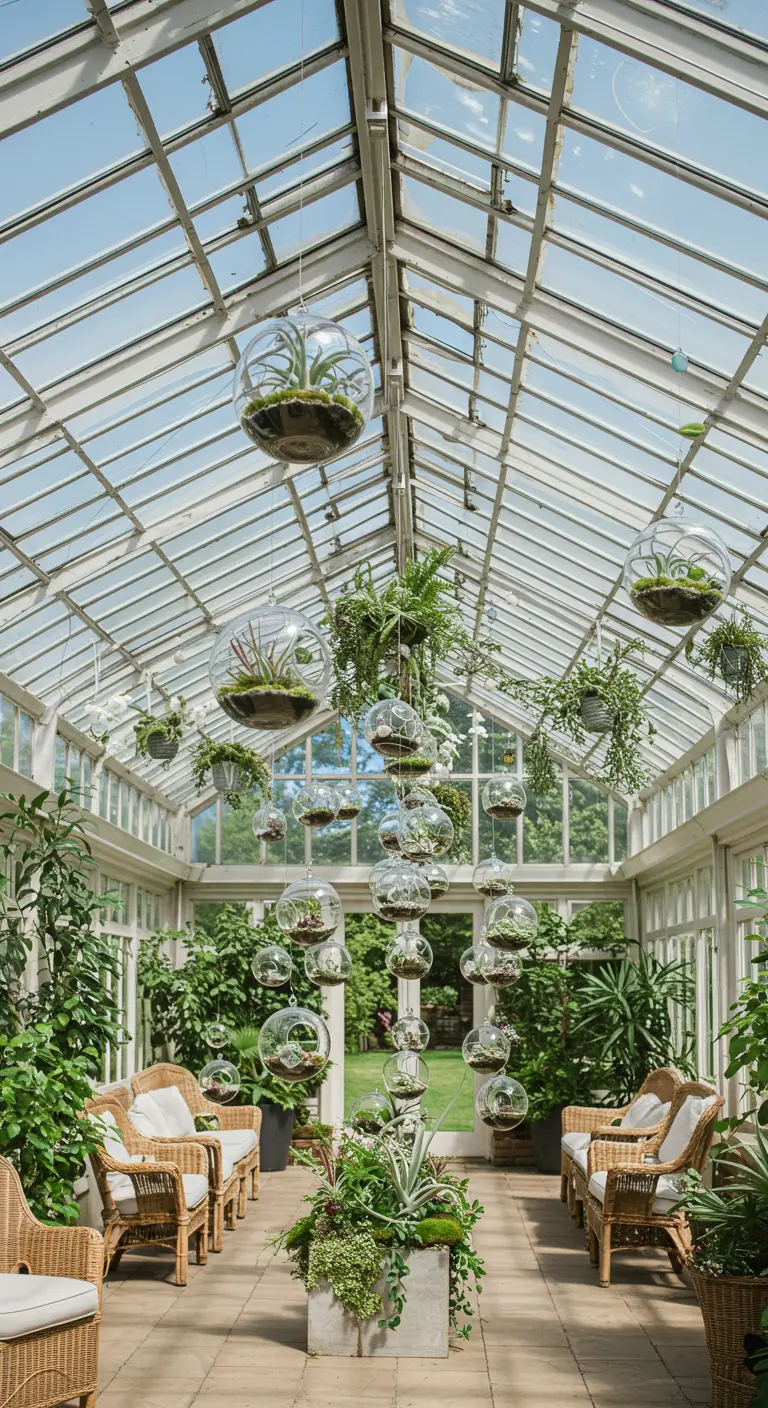 De nombreux terrariums en verre avec des plantes vertes suspendus dans une serre.