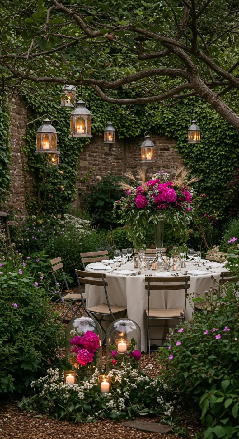 Table de mariage dans un jardin luxuriant, entourée de lanternes et de bougies.
