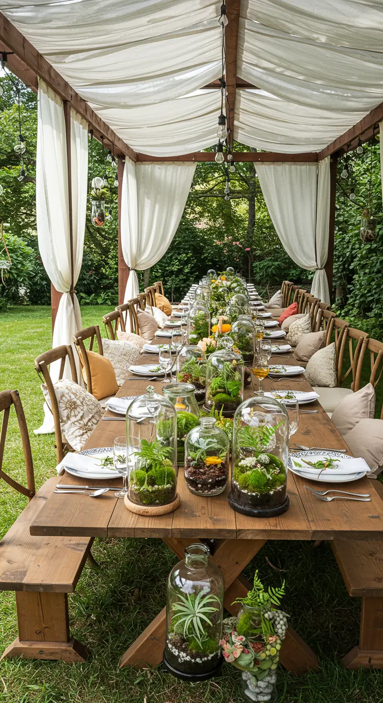 Longue table de jardin avec des terrariums sous cloche en verre comme centres de table.