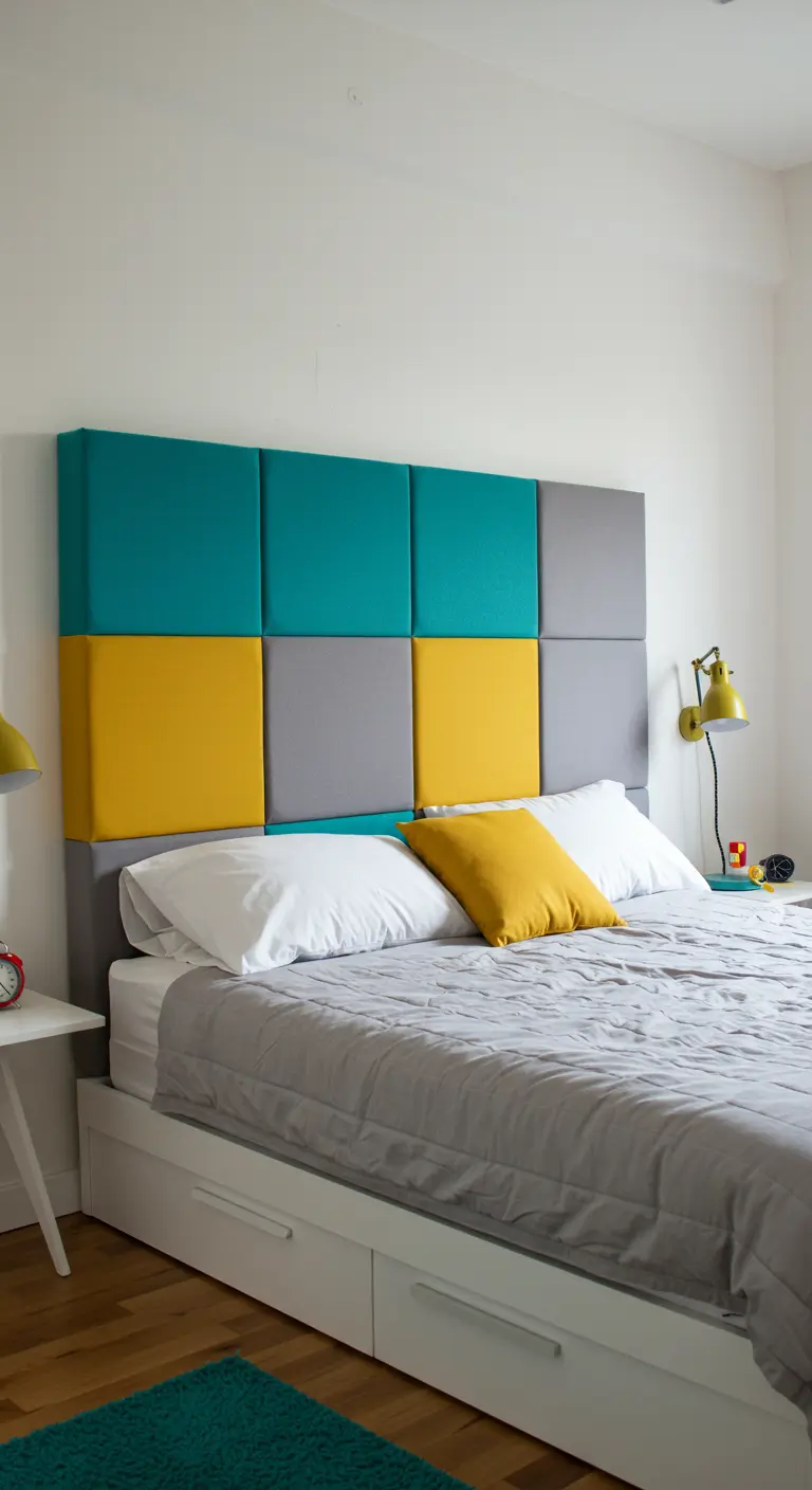 Tête de lit DIY composée de plusieurs panneaux carrés rembourrés en tissu turquoise, jaune et gris.