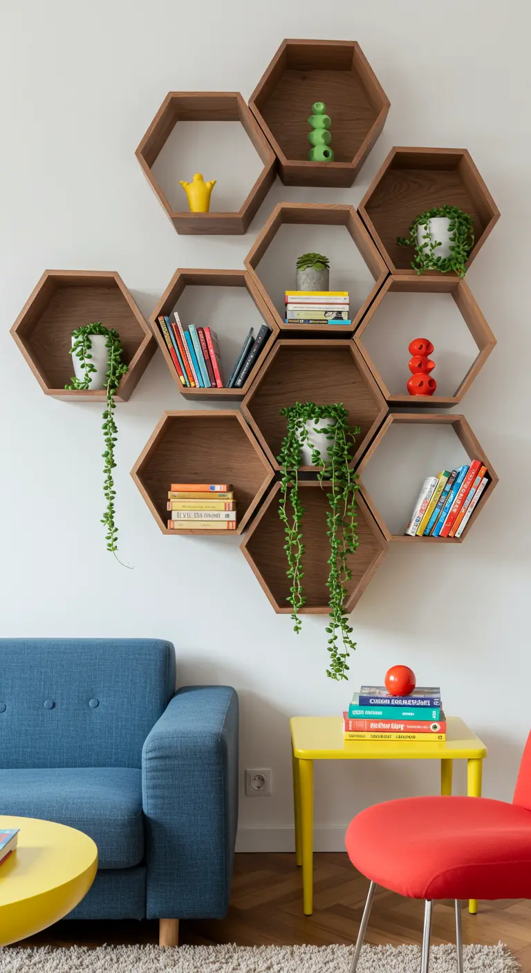 Composition murale d'étagères hexagonales en bois contenant des livres, des objets et des plantes.