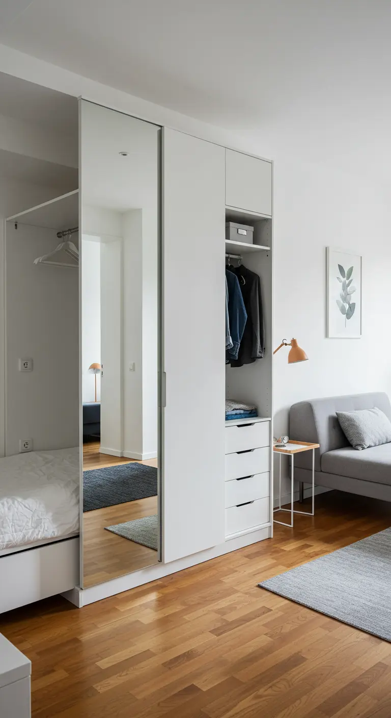 Aménagement de dressing combinant une partie ouverte et une armoire à porte miroir.