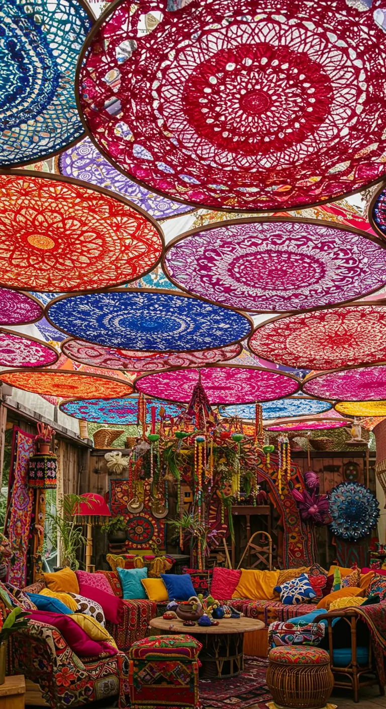 Plafond entièrement couvert de cercles de tissu colorés aux motifs de mandalas.