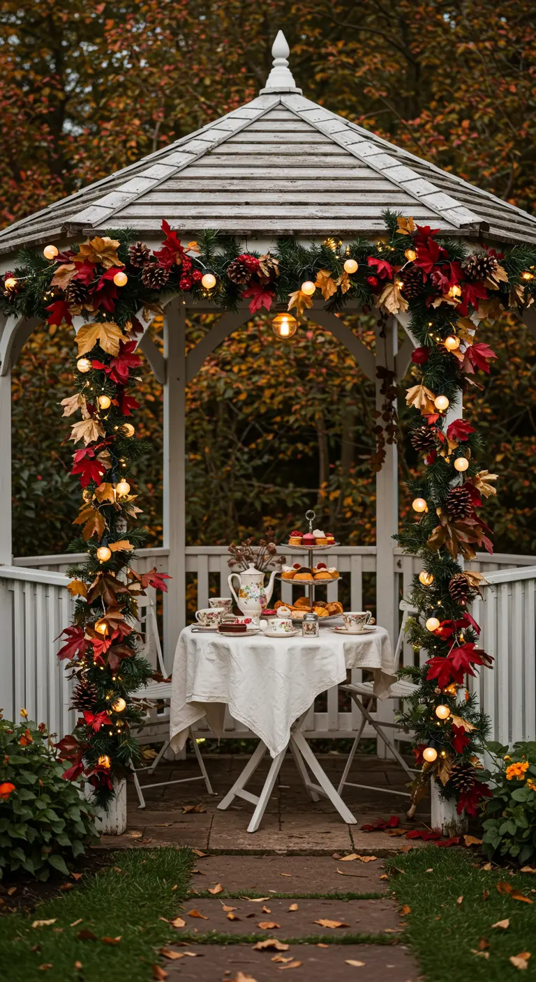 Kiosque de jardin blanc décoré de guirlandes d'automne pour un thé.