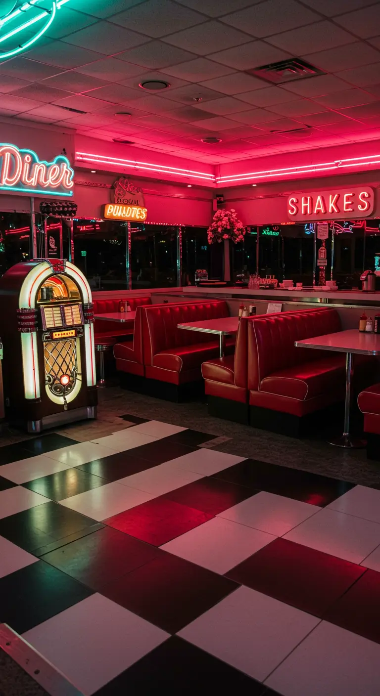 Intérieur d'un diner américain avec jukebox, banquettes rouges et néons roses.