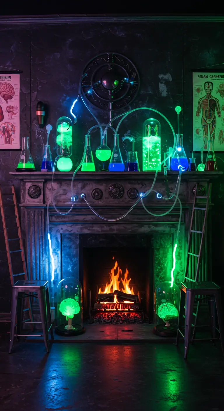 Cheminée décorée en laboratoire de savant fou avec des néons et des fioles lumineuses.