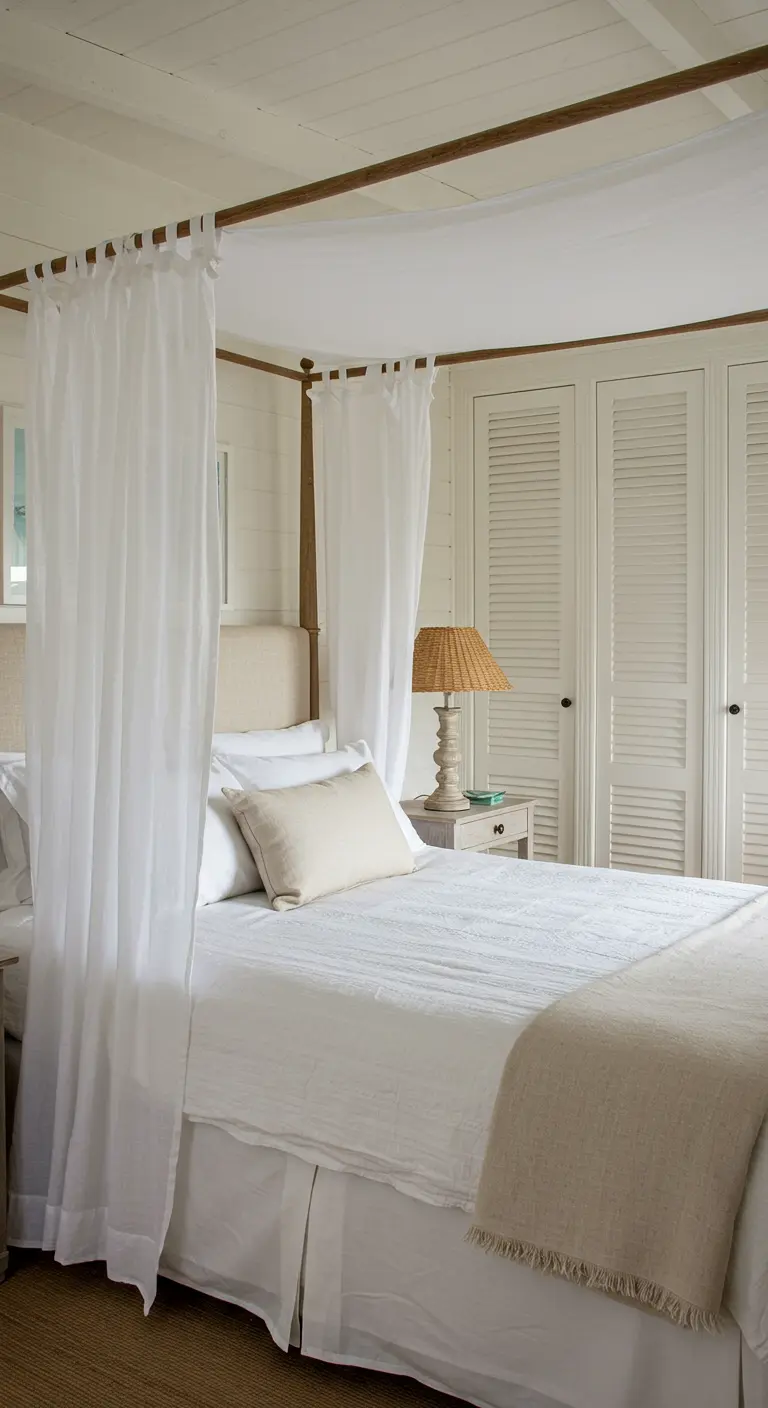 Chambre lumineuse avec un lit à baldaquin en bois clair drapé de voilages blancs.