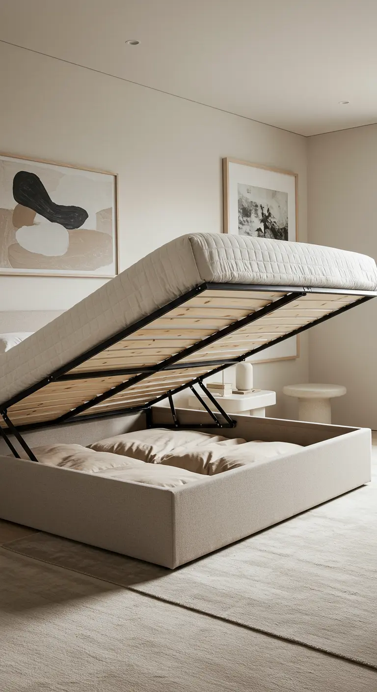 Lit-coffre avec sommier relevable, dévoilant un grand espace de rangement.