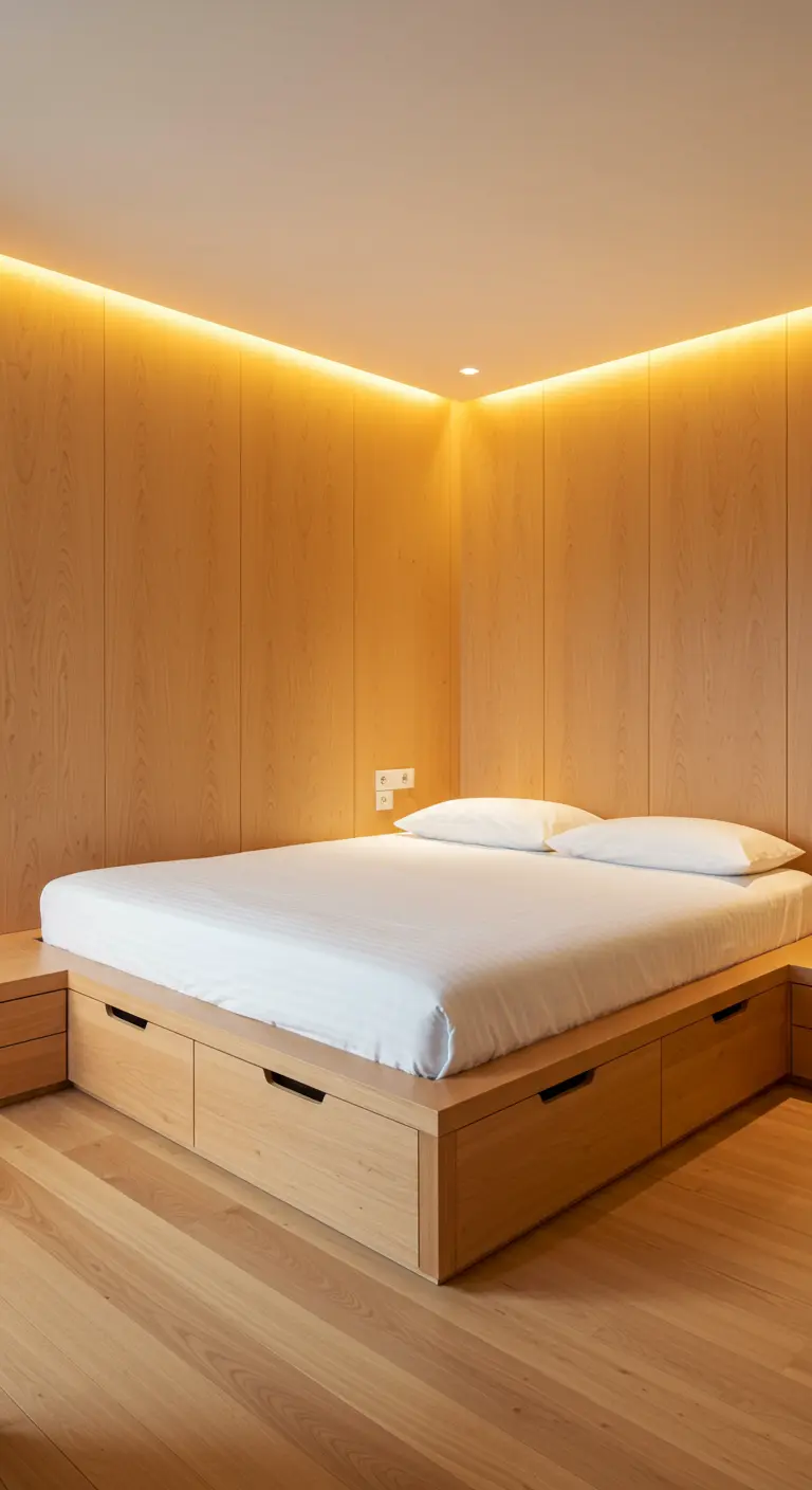 Lit plateforme en bois avec tiroirs de rangement et éclairage indirect.
