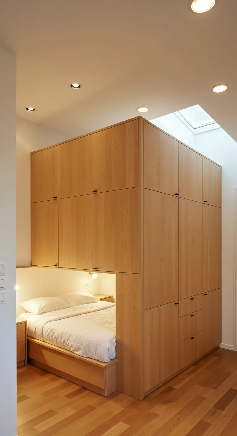 Lit encastré dans une structure de rangements en bois sur-mesure.